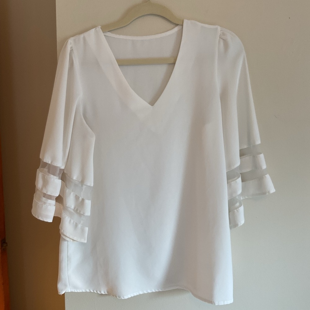 White V Neck 3/4 Length Sleeve Blouse